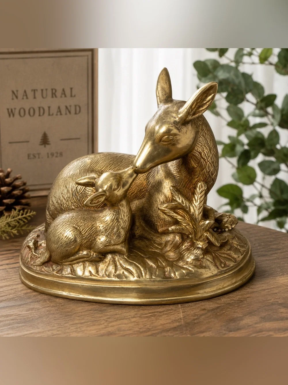 Solid Brass Doe &Fawn Figurine Vintage Woodland Deer Sculpture Heavy Brass Decor - Picture 1 of 5